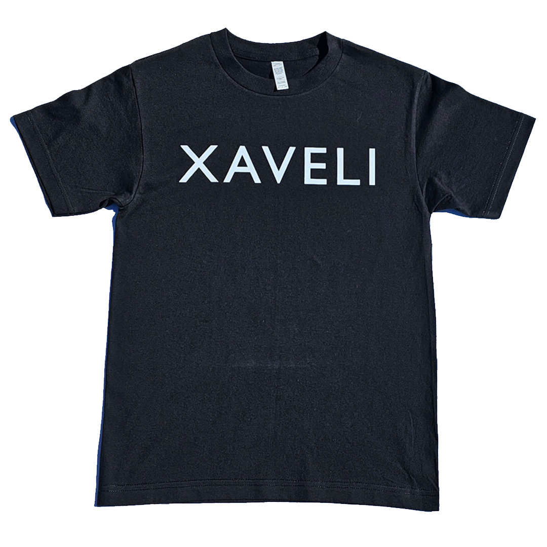 xaveli black shirt white text JPG